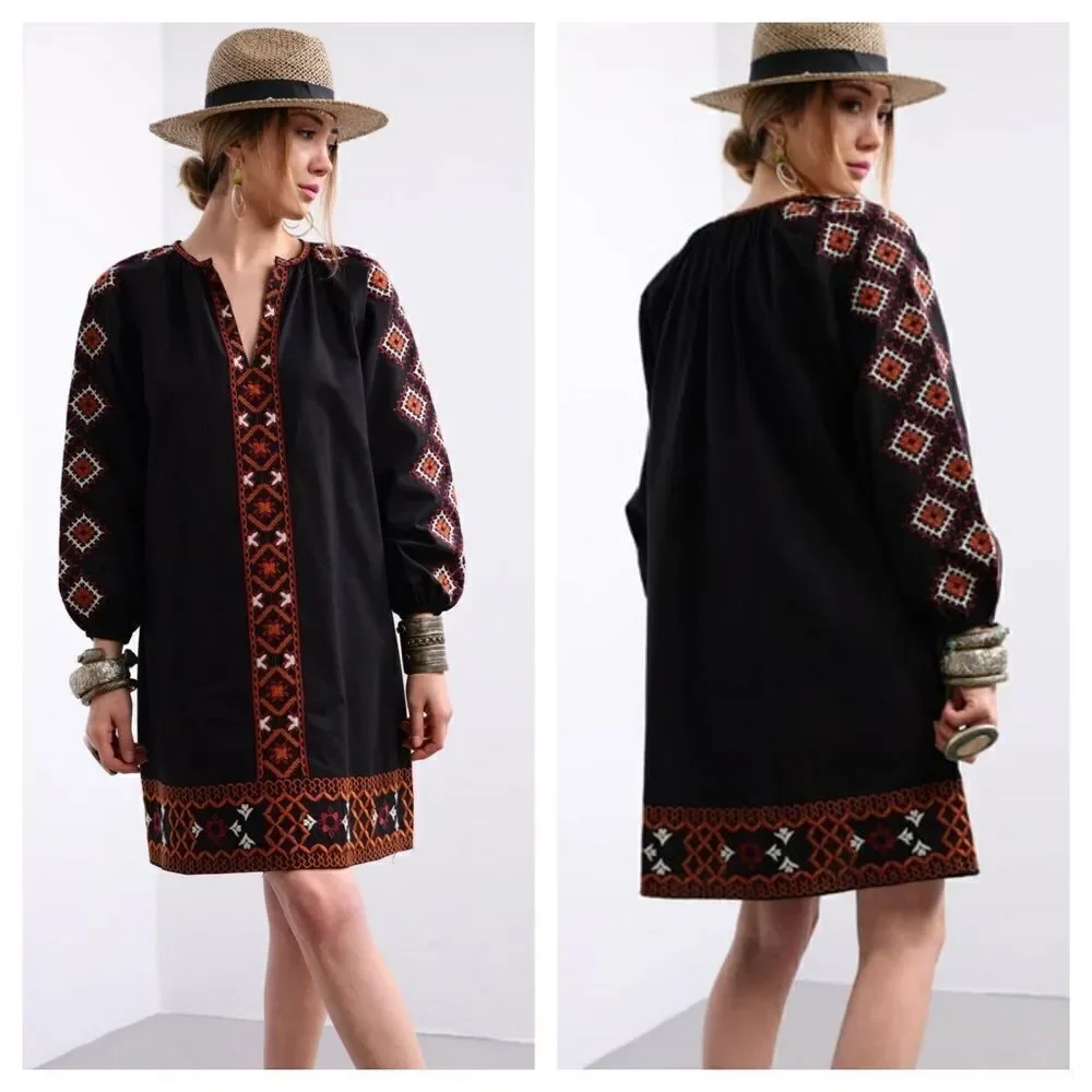 Zara Black Embroidered Balloon Sleeve Linen Dress